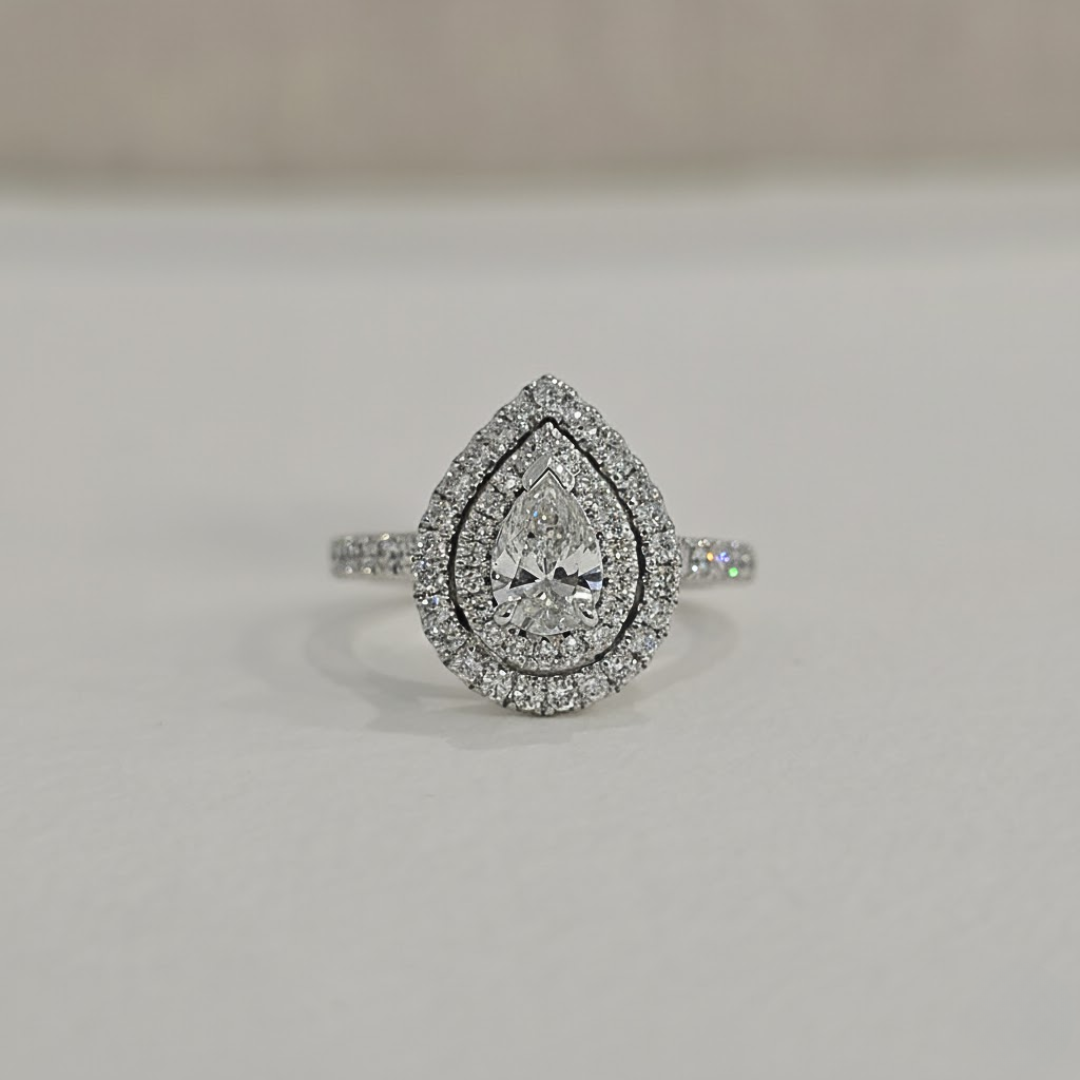 1-13.png Sofia | 0.6ct Natural Pear Double Halo with Pave Band in 18ct White Gold - Image 1